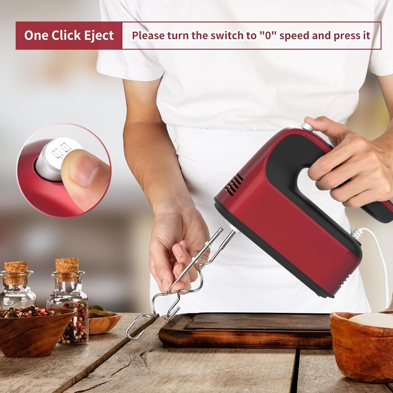 Yomelo 9-Speed Digital Hand Mixer Electric, 400W Powerful DC Motor, Hand Mixer Electric Handheld with Snap-On Storage Case, 5 Stainless Steel Accessories, Beaters, Dough Hooks, Whisk(Red) - Image 5